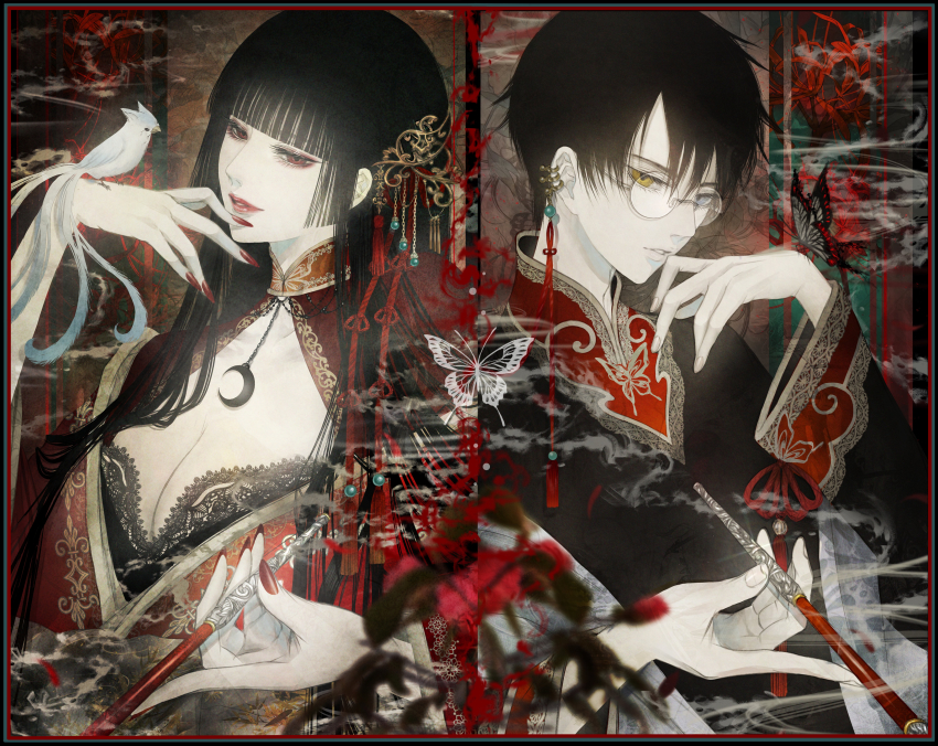 1boy, 1girl, absurdres, animal, animal_on_hand, animal_print, beads, bird