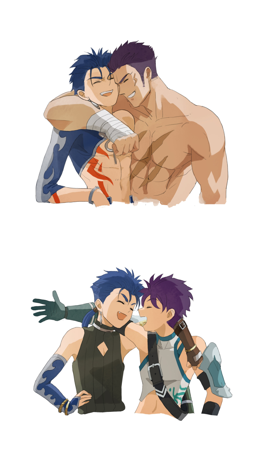 ^_^, abs, absurdres, aged_down, arm_around_shoulder, bandages, biceps, blue_hair