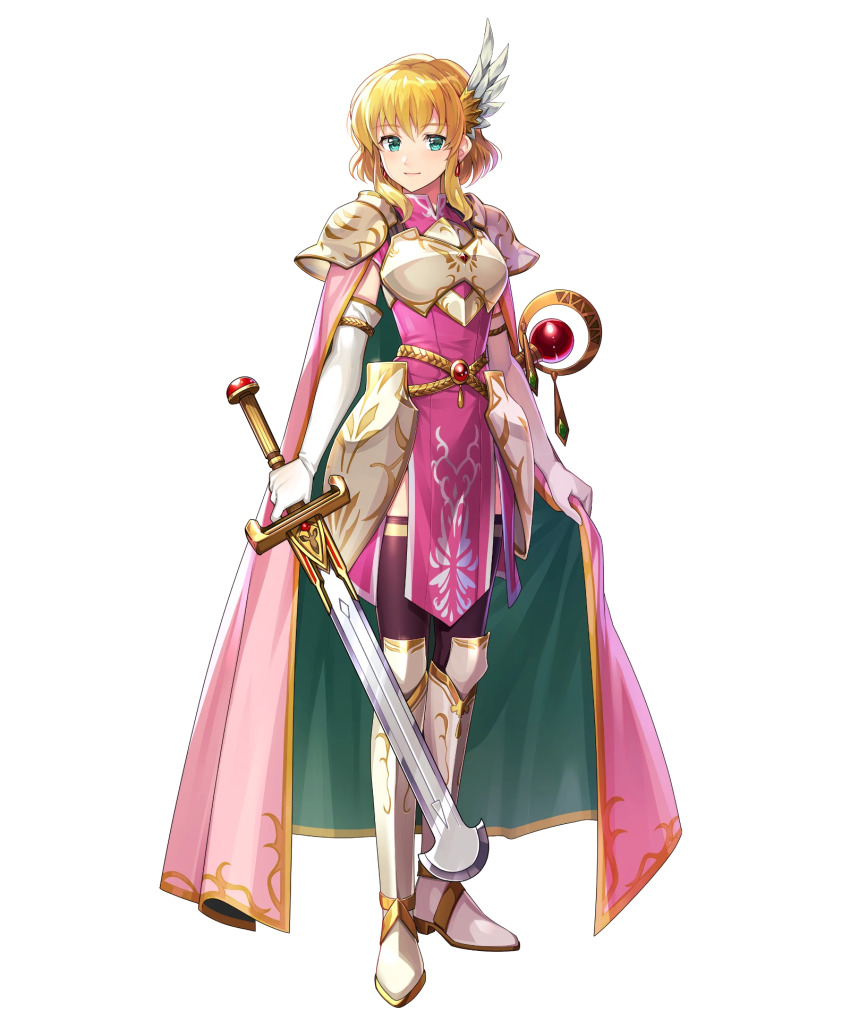 1girl, armor, artist_request, black_thighhighs, blonde_hair, blue_eyes, breastplate, cape, dress, elbow_gloves, fire_emblem, fire_emblem:_thracia_776, fire_emblem_heroes, full_body, gloves, greaves, hair_ornament, highres, holding, holding_sword, holding_weapon, looking_at_viewer, nanna_(beloved_princess)_(fire_emblem), nanna_(fire_emblem), nintendo, non-web_source, official_art, pauldrons, pink_cape, pink_dress, short_hair, shoulder_armor, smile, solo, standing, sword, thighhighs, transparent_background, weapon, white_armor, white_gloves, wing_hair_ornament