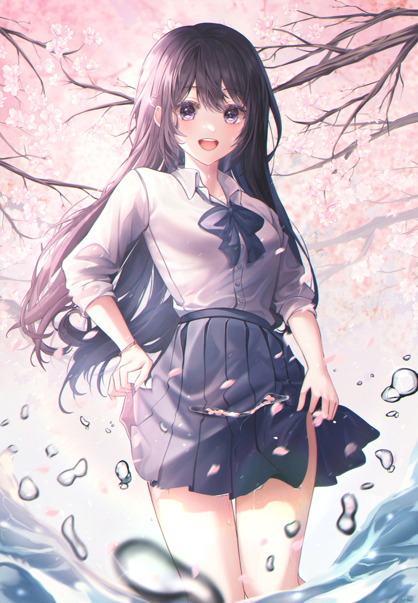 1girl, absurdres, black_bow, black_hair, black_skirt, bow, bowtie, cherry_blossoms