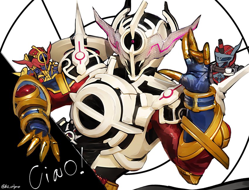 1boy, alien, armor, asymmetrical_horns, belt, black_horns, blood_stalk, blue_armor