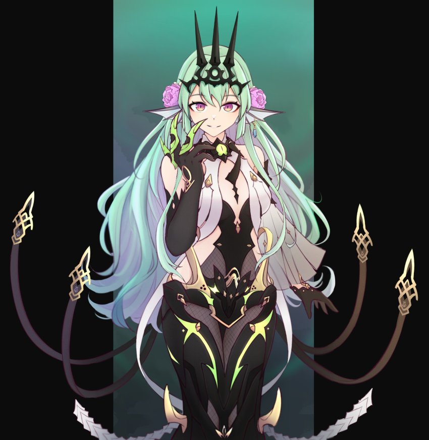 1girl, bare_shoulders, black_dress, black_gloves, breasts, claw_ring, closed_mouth, cosplay, dress, finana_ryugu, fins, fish_girl, flower, gloves, green_eyes, hair_flower, hair_ornament, head_fins, highres, honkai_(series), honkai_impact_3rd, looking_at_viewer, m_r_b, medium_breasts, mobius_(honkai_impact), mobius_(honkai_impact)_(cosplay), nijisanji, nijisanji_en, purple_eyes, purple_flower, purple_rose, rose, sleeveless, sleeveless_dress, smile, solo, virtual_youtuber, wavy_hair