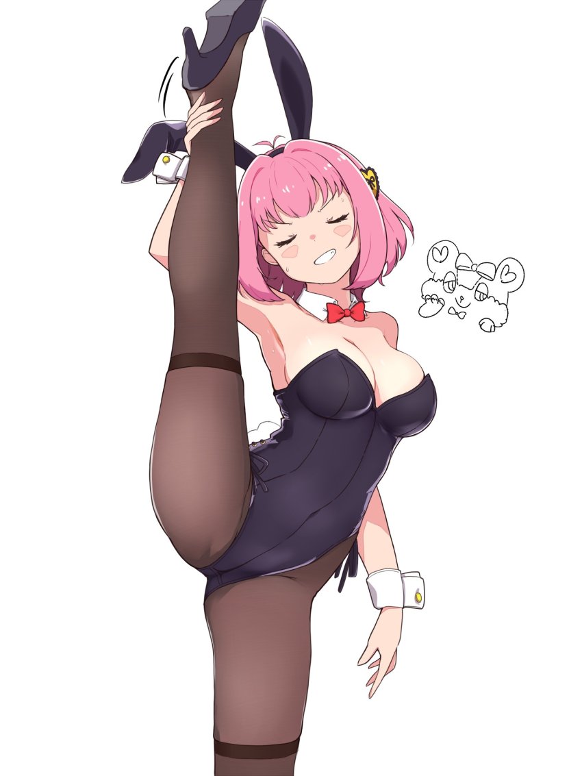 amauri_miruki, animal_ears, antenna_hair, black_footwear, black_leotard, bow, bowtie, breasts, brown_legwear, cleavage, closed_eyes, cowboy_shot, detached_collar, facing_viewer, fake_animal_ears, grin, hair_ornament, hanitan, hanitan_(bear), high_heels, highres, leotard, medium_breasts, pantyhose, pink_hair, playboy_bunny, pretty_series, rabbit_ears, rabbit_tail, red_eyes, short_hair, simple_background, smile, split, standing, standing_on_one_leg, standing_split, tail, tatsuya_(tatuya031200), thighband_pantyhose, traditional_bowtie, waccha_primagi!, white_background, wrist_cuffs
