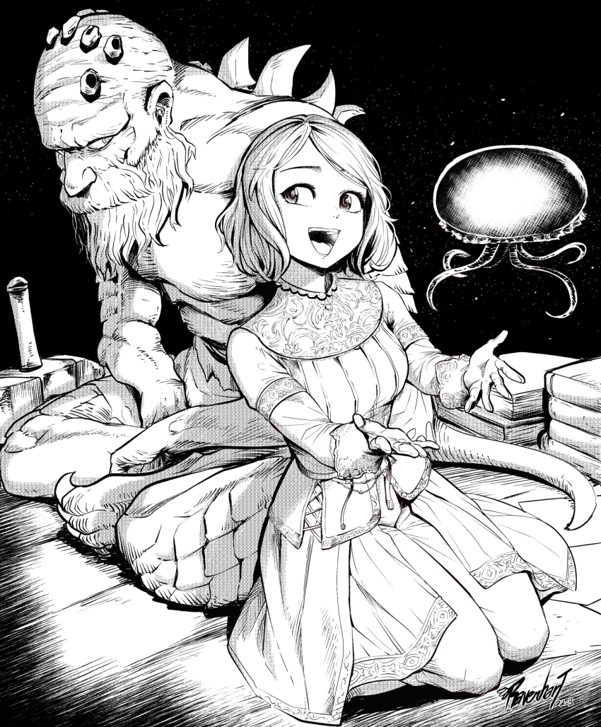 1boy, 1girl, :d, aurelia_(elden_ring), bald, beard, black_background, bob_cut