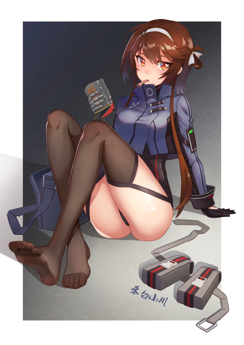 1girl, absurdres, artist_name, ass, bag, black_gloves, black_thighhighs, brown_eyes, brown_hair, feet, food, girls'_frontline, gloves, hairband, hebai_xiaochuan, highres, holding, holding_food, jacket, jerky, knees_up, looking_at_viewer, mouth_hold, school_bag, short_hair_with_long_locks, sitting, soles, solo, thighhighs, thighs, toes, tsurime, type_79_(girls'_frontline)