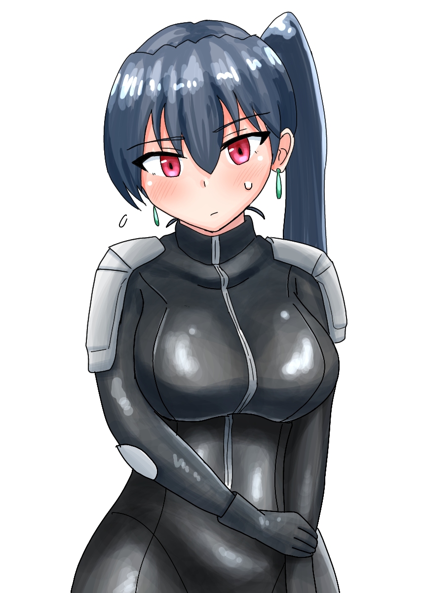 1girl, biker_clothes, bikesuit, black_bodysuit, blush, bodysuit, breasts, commentary_request