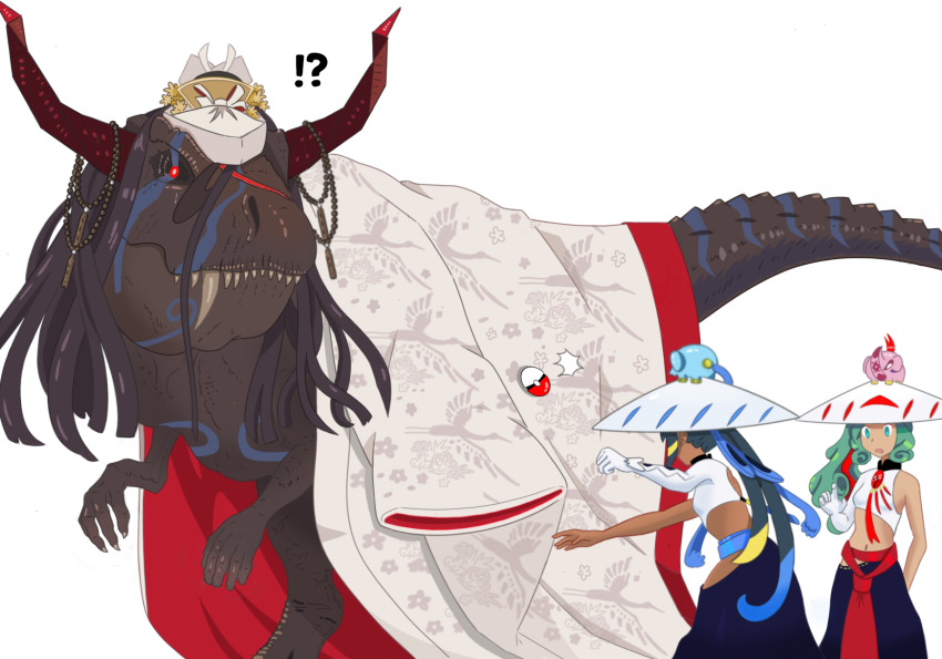 !?, 3girls, black_hair, black_skirt, blue_hair, breasts, crop_top, dark-skinned_female, dark_skin, dinosaur, elephant, fangs, fate/grand_order, fate/requiem, fate_(series), green_eyes, green_hair, hat, highres, horns, ichimegasa, japanese_clothes, kijo_kouyou_(fate), kijo_kouyou_(first_ascension)_(fate), kimono, long_hair, long_skirt, medium_breasts, midriff, multicolored_hair, multiple_girls, navel, nintendo, open_mouth, poke_ball, poke_ball_(basic), pokemon, raisa23, sash, shirt, sidelocks, single_sleeve, skirt, streaked_hair, swept_bangs, tassel, trung_nhi_(fate), trung_nhi_(second_ascension)_(fate), trung_trac_(fate), trung_trac_(second_ascension)_(fate), wavy_hair, white_headwear, white_kimono, white_shirt