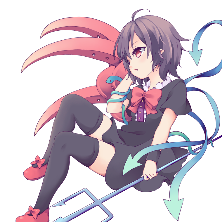 1girl, asymmetrical_wings, black_dress, black_hair, black_thighhighs, blue_wings, blush, bow, bowtie, buttons, center_frills, commentary, cycloneyukari, dress, expressionless, footwear_bow, frilled_dress, frills, full_body, holding, holding_polearm, holding_weapon, houjuu_nue, looking_afar, mary_janes, open_mouth, pointy_ears, polearm, red_bow, red_bowtie, red_eyes, red_shoes, red_wings, shoes, short_dress, short_hair, short_sleeves, simple_background, snake, solo, thighhighs, touhou, trident, weapon, white_background, wings, wristband
