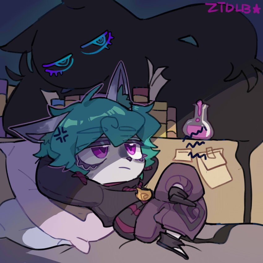 1girl, ahoge, anger_vein, animal_ear_fluff, arms_behind_head, artist_name, black_footwear, black_hoodie