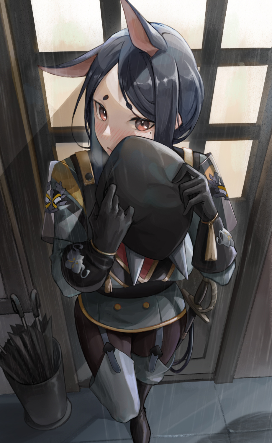 1girl, against_door, animal_ears, arknights, black_gloves, black_hair, black_hat, black_pantyhose
