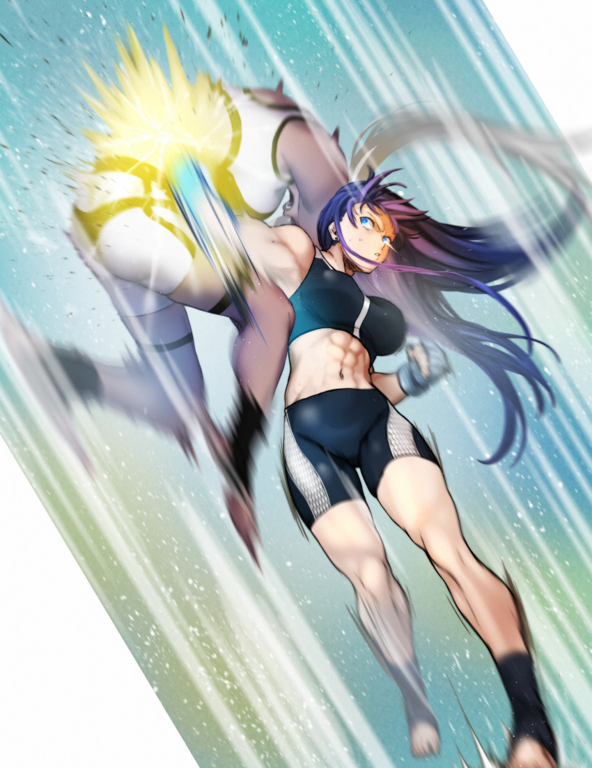 2girls, abs, absurdres, aoba_(smartbeat), barefoot, bike_shorts, black_shorts, black_sports_bra