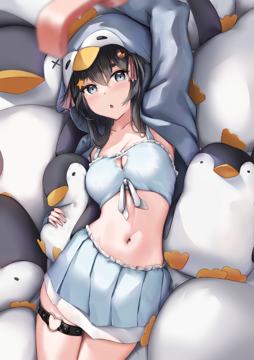 1girl, absurdres, animal_hood, arm_up, black_hair, blue_bra, blue_skirt, blush, bra, breasts, cleavage, cleavage_cutout, clothing_cutout, commentary, cowboy_shot, english_commentary, grey_eyes, hair_between_eyes, hair_ornament, heart_cutout, highres, holding, holding_stuffed_toy, hood, hood_up, hooded_jacket, jacket, looking_at_viewer, medium_breasts, navel, noot_(vtuber), open_clothes, open_jacket, parted_lips, penguin_hood, pleated_skirt, revision, skai_kun, skirt, solo, star_(symbol), star_hair_ornament, stomach, stuffed_animal, stuffed_penguin, stuffed_toy, thick_eyebrows, thigh_strap, underwear, vdonburi, virtual_youtuber