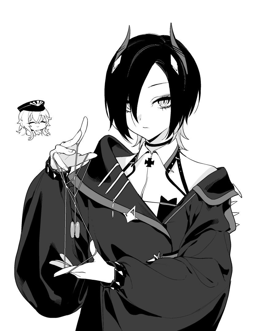 2girls, absurdres, azur_lane, black_coat, black_hair, breasts, cat's_cradle, chibi, chibi_inset, choker, coat, collar, collared_shirt, cross, diamond_(shape), eyeshadow, graf_zeppelin_(azur_lane), greyscale, hair_between_eyes, hat, highres, horns, iron_blood_(emblem), iron_cross, jacket, long_eyelashes, long_hair, long_sleeves, looking_at_viewer, makeup, medium_hair, meme, monochrome, multiple_girls, ohisashiburi, shirt, simple_background, slit_pupils, solo_focus, spiked_collar, spikes, string, string_play_spider_baby_(meme), twintails, ulrich_von_hutten_(azur_lane), yo-yo