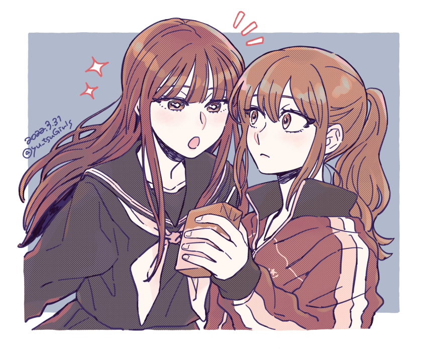 2girls, :o, dated, drink_carton, enoki_sachi, highres, holding, jacket