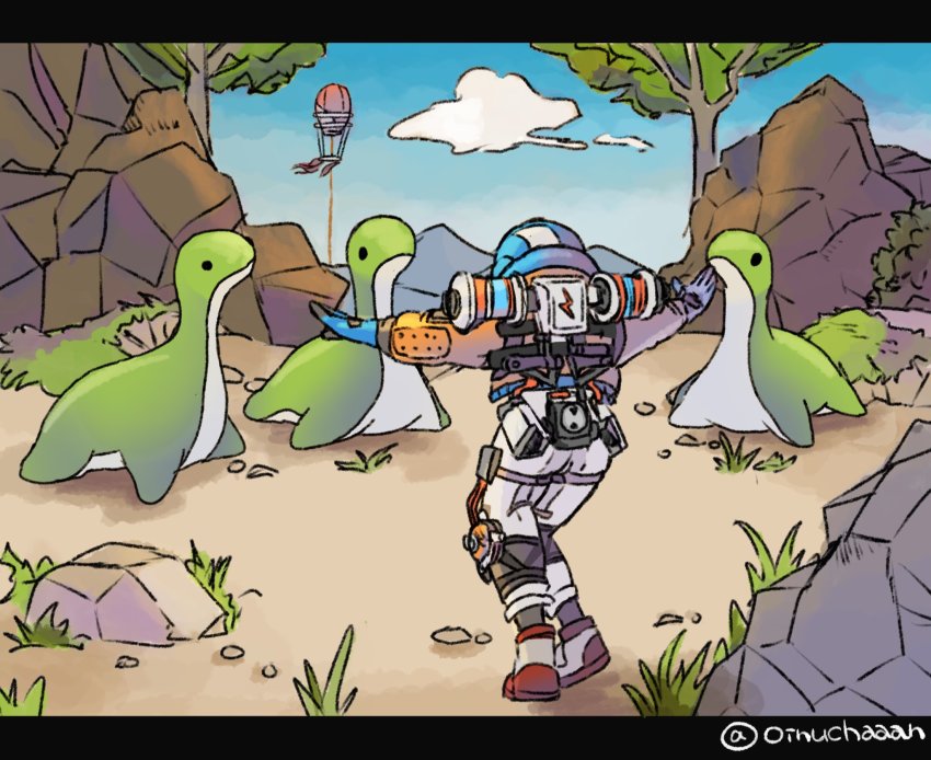 1girl, apex_legends, blue_headwear, bodysuit, cable, cloud, highres, hood