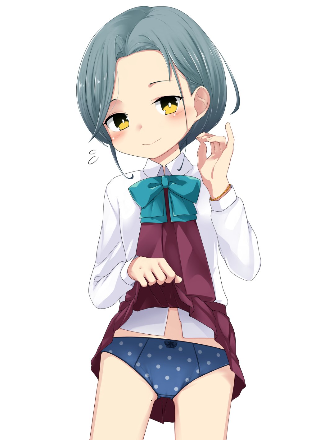 1girl, aqua_bow, aqua_bowtie, bad_id, bad_twitter_id, blue_bow, blue_bowtie, blue_panties