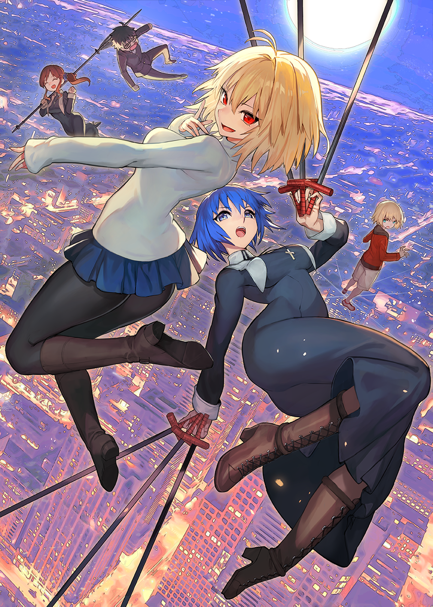2boys, 3girls, :d, ahoge, arcueid_brunestud, black_keys_(type-moon), blonde_hair, blue_eyes, blue_hair, boots, breasts, ciel_(tsukihime), highres, lack, long_sleeves, looking_at_viewer, mario_gallo_bestino, medium_breasts, moon, multiple_boys, multiple_girls, noel_(tsukihime), open_mouth, outdoors, pantyhose, red_eyes, short_hair, skirt, smile, sweater, tohno_shiki, tsukihime, tsukihime_(remake), turtleneck, weapon