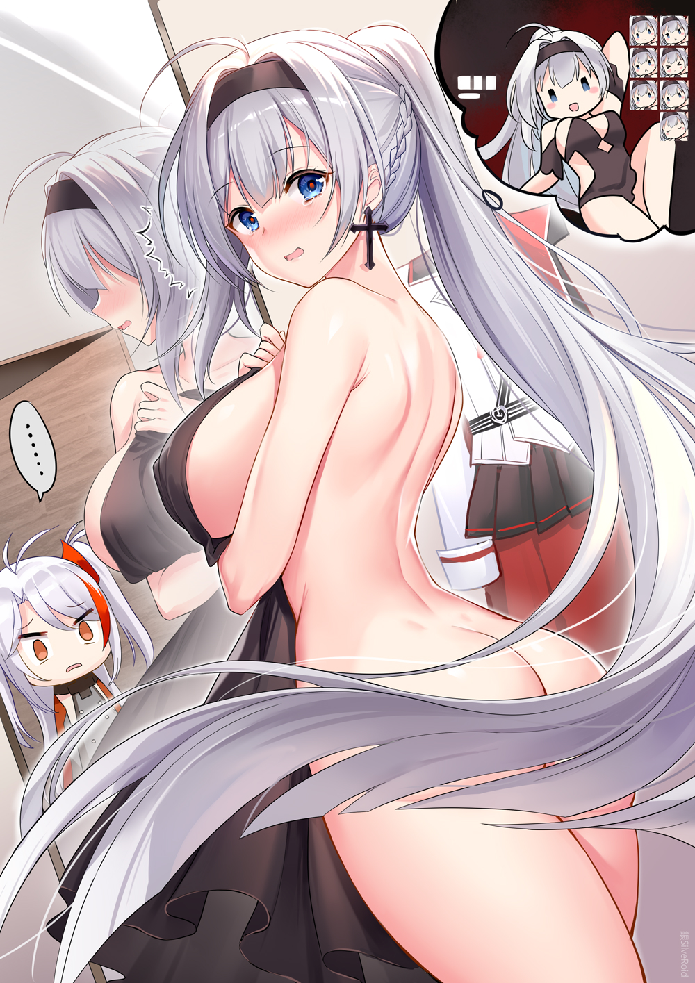 2girls, ^^^, ahoge, arched_back, azur_lane, back, bare_shoulders, blue_eyes