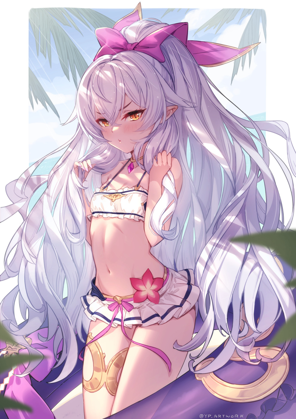 1girl, bare_shoulders, bikini, blush, bow, day, flower, granblue_fantasy, hair_between_eyes, hair_bow, hair_spread_out, hands_in_own_hair, highres, holding, holding_own_hair, innertube, long_hair, looking_at_viewer, medusa_(shingeki_no_bahamut), medusa_(summer)_(granblue_fantasy), navel, outdoors, pointy_ears, ponytail, purple_bow, solo, swim_ring, swimsuit, very_long_hair, white_bikini, yellowpaint.