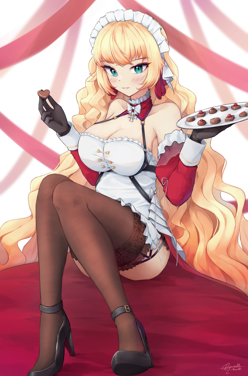 1girl, azur_lane, black_garter_straps, black_gloves, black_shoes, blonde_hair, breasts, brown_thighhighs