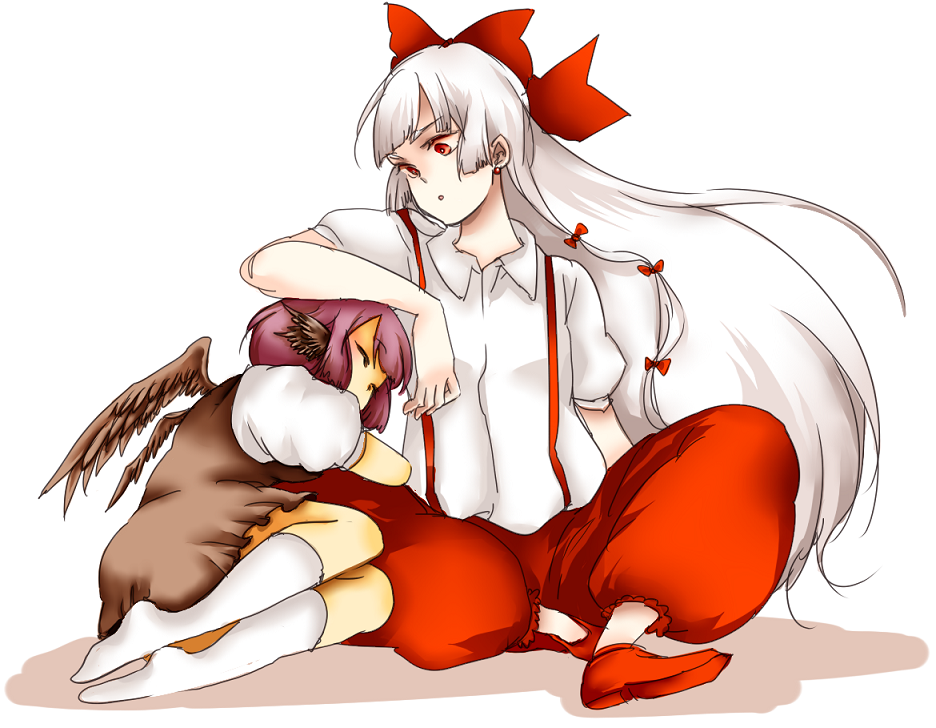 2girls, animal_ears, bad_id, bad_pixiv_id, closed_eyes, dress, earrings, fujiwara_no_mokou