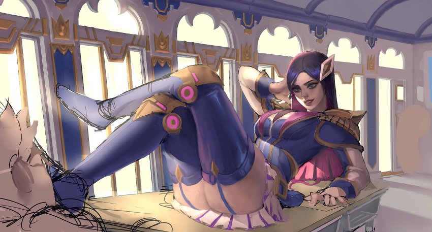ass, backlighting, battle_academia_caitlyn, blouse, blue_shirt, blue_thighhighs, caitlyn_(league_of_legends), ddlggoddadda, feet_up, garter_belt, hand_on_own_head, highres, league_of_legends, pink_hair, shirt, smile, thighhighs, thighs