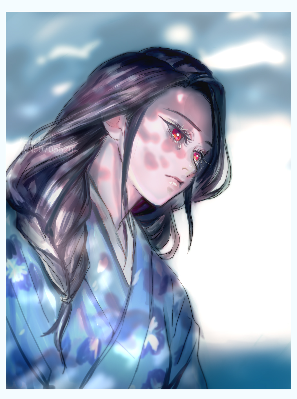 1girl, black_hair, blue_kimono, blurry, blurry_background, border, braid, closed_mouth