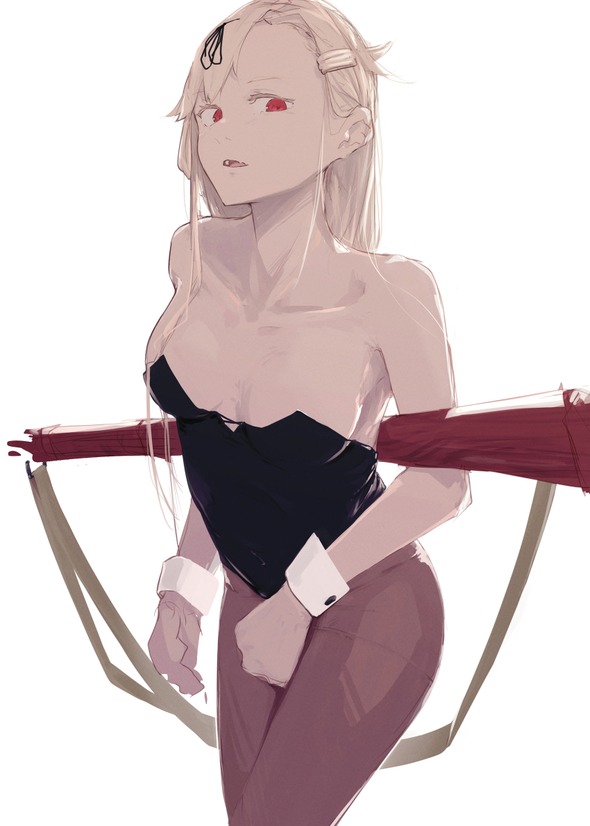 1girl, absurdres, asymmetrical_bangs, black_ribbon, blonde_hair, brown_pantyhose, commentary_request, gun