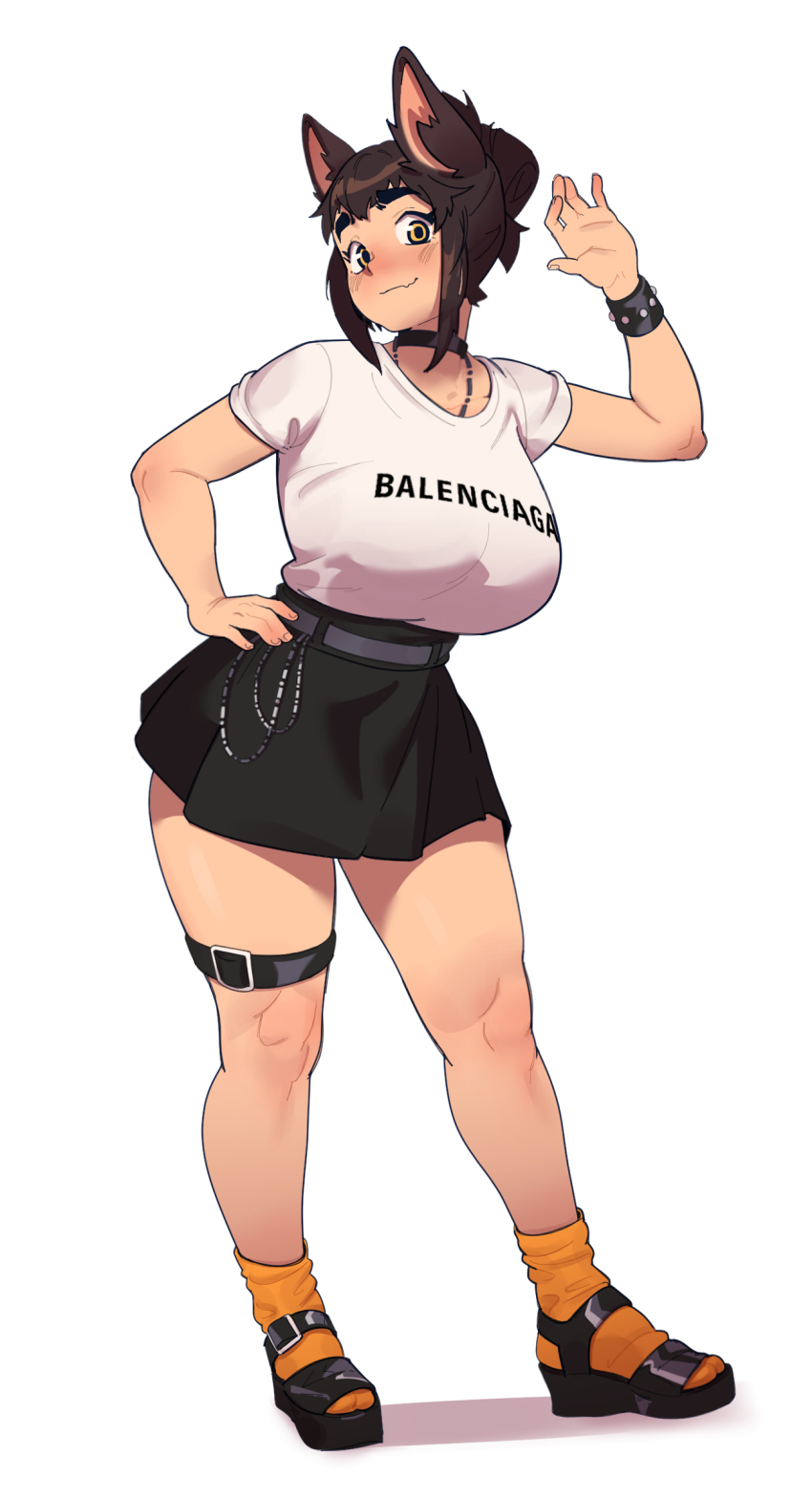 1girl, animal_ears, arm_up, balenciaga, belt, black_belt, black_choker, black_footwear, black_skirt, blush, bracelet, breasts, brown_hair, buckle, choker, closed_mouth, fang, fox_ears, full_body, hand_on_own_hip, haru_feng, highres, huge_breasts, jewelry, leg_strap, light_smile, looking_at_viewer, miniskirt, necklace, orange_socks, original, print_shirt, shirt, shirt_tucked_in, short_bangs, short_hair, short_hair_with_long_locks, short_sleeves, sidelocks, simple_background, skin_fang, skirt, smile, socks, solo, standing, tented_shirt, thick_eyebrows, thigh_strap, waving, white_background, white_shirt, yellow_eyes