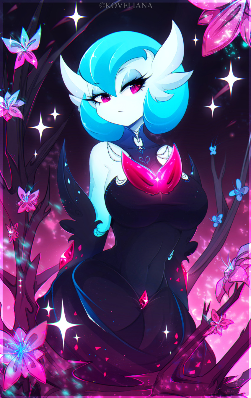 1girl, absurdres, alternate_color, blue_hair, bob_cut, breasts, cleavage, crystal