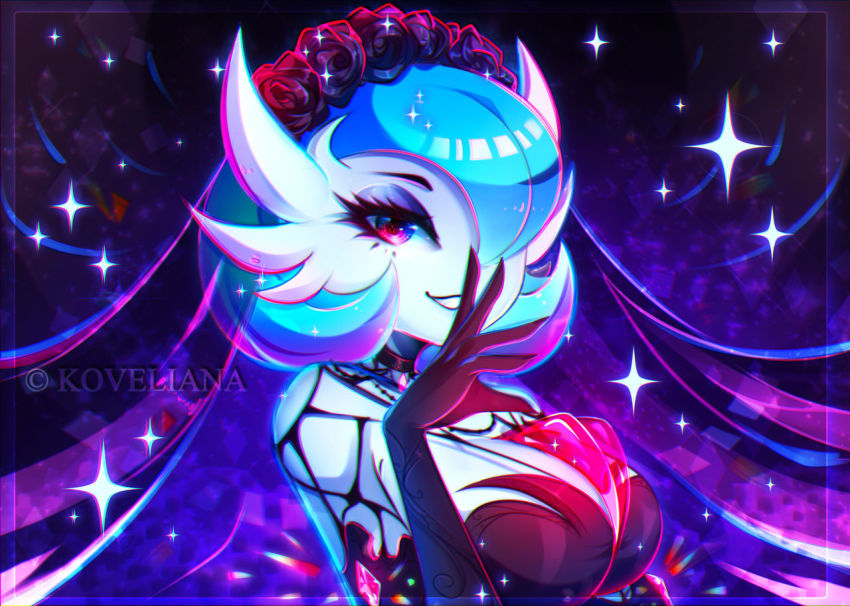 1girl, alternate_color, blue_hair, bob_cut, breasts, cleavage, crystal, elbow_gloves