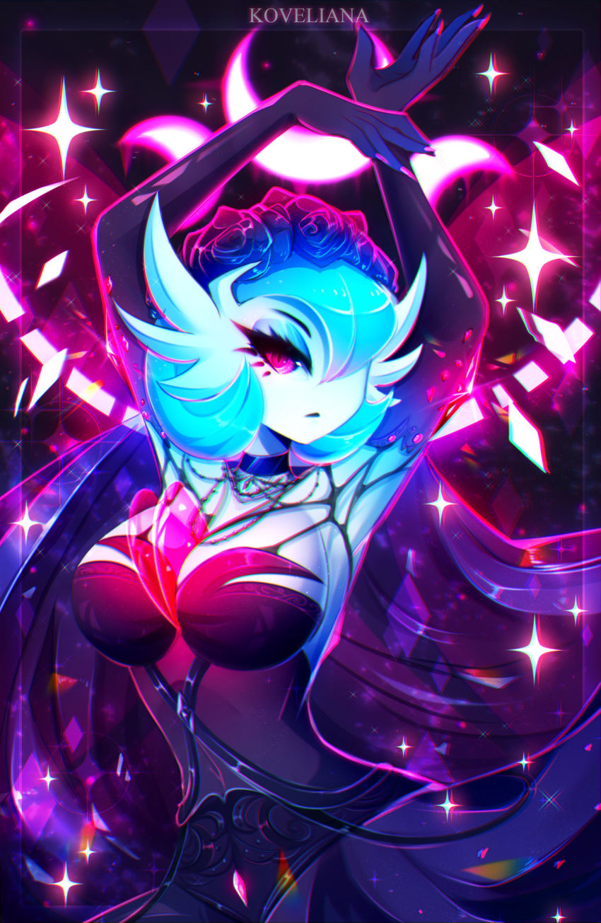 1girl, alternate_color, blue_hair, bob_cut, breasts, cleavage, crystal, elbow_gloves