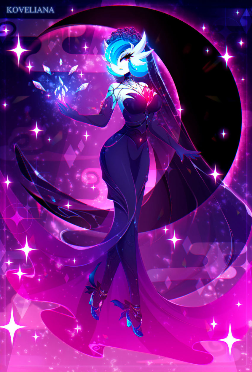 1girl, alternate_color, black_moon, blue_hair, bob_cut, breasts, cleavage, crystal