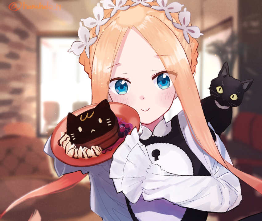 1girl, abigail_williams_(fate), abigail_williams_(festival_outfit)_(fate), alternate_costume, black_cat, blonde_hair, blue_eyes, blueberry, blush, braid, breasts, cat, crown_braid, dress, enmaided, fate/grand_order, fate_(series), food, forehead, fruit, keyhole, long_hair, long_sleeves, looking_at_viewer, maid, maid_headdress, matsui_haru, pancake, parted_bangs, plate, raspberry, sash, sidelocks, sleeves_past_fingers, sleeves_past_wrists, small_breasts, very_long_hair, whipped_cream, white_dress