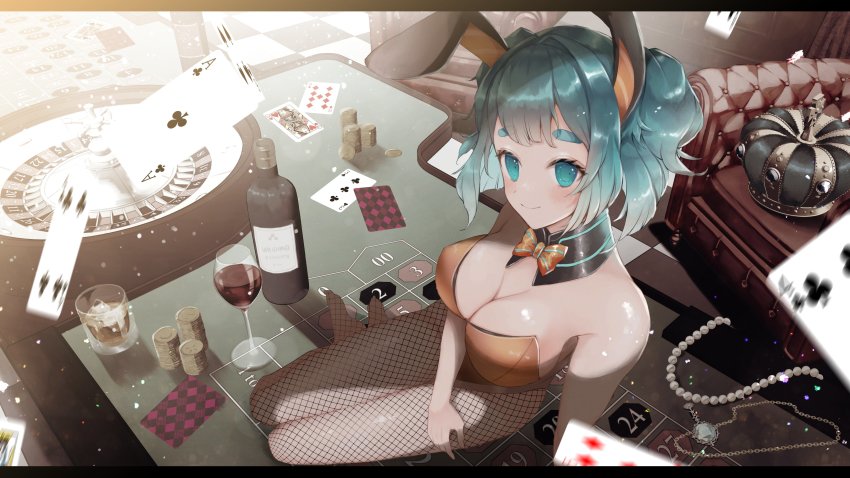 absurdres, alcohol, animal_ears, aria_rin, armada_niwaka, blue_eyes, blue_hair, bow