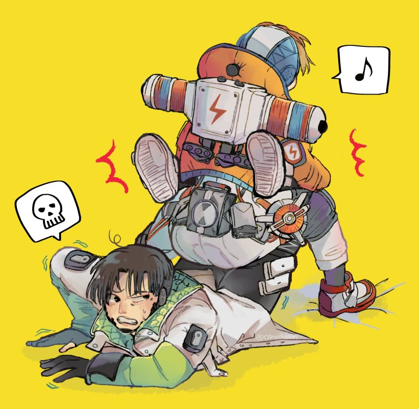 1boy, 1girl, animification, annoyed, apex_legends, ass, ass-to-ass, black_eyes