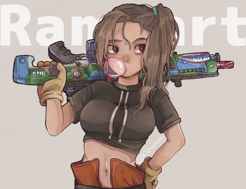 1girl, animification, apex_legends, black_shirt, blowing_bubbles, brown_eyes, brown_gloves, brown_hair
