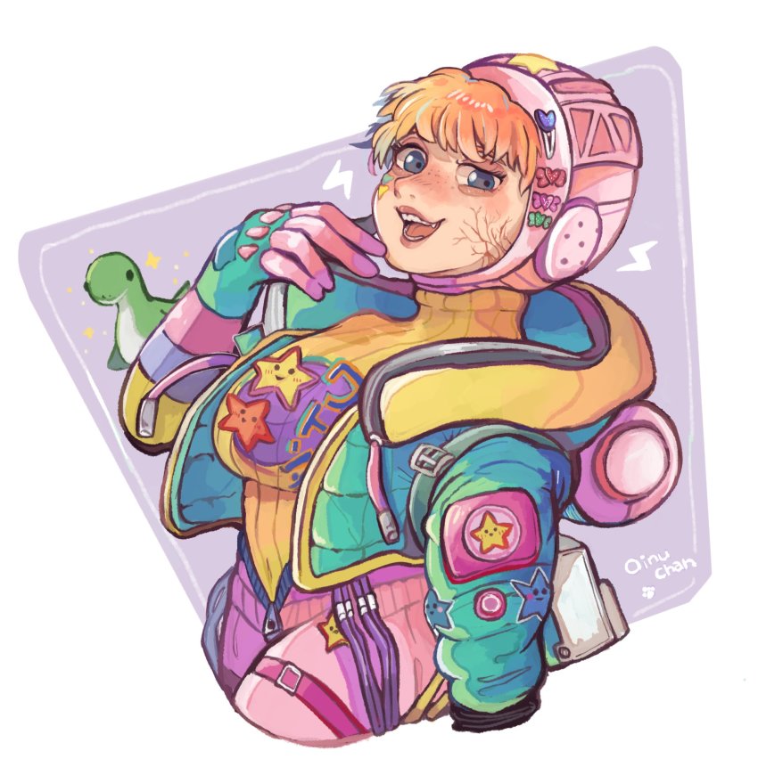 1girl, animification, apex_legends, blue_gloves, blue_jacket, bodysuit, bow, gloves