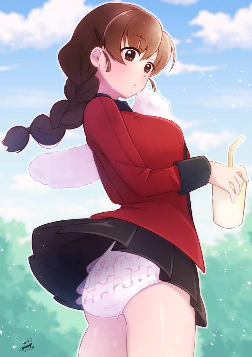 1girl, absurdres, artist_name, ass, black_skirt, blue_sky, braid, braided_ponytail, brown_eyes, brown_hair, closed_mouth, clothes_lift, cloud, cloudy_sky, commission, cowboy_shot, cup, day, disposable_cup, drinking_straw, frilled_panties, frills, girls_und_panzer, hair_ornament, hairclip, highres, holding, holding_cup, holding_towel, itsumip, jacket, light_frown, long_hair, long_sleeves, looking_at_viewer, looking_back, military, military_uniform, miniskirt, outdoors, panties, pantyshot, pleated_skirt, red_jacket, rukuriri_(girls_und_panzer), signature, single_braid, skeb_commission, skirt, skirt_lift, sky, solo, st._gloriana's_military_uniform, standing, towel, underwear, white_panties, wind, wind_lift, wiping_sweat