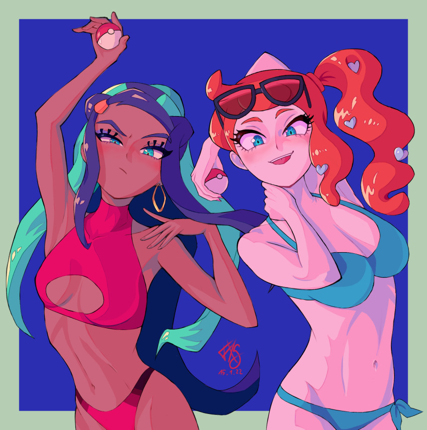 2girls, bikini, black_hair, blue_eyes, blue_eyeshadow, blue_hair, blush, dark-skinned_female, dark_skin, dated, earrings, eyeshadow, eyewear_on_head, frankgallaxx, green_eyes, hair_bun, hair_ornament, heart, heart_hair_ornament, highres, hoop_earrings, jewelry, long_hair, looking_at_viewer, makeup, multicolored_hair, multiple_girls, navel, nessa_(pokemon), nintendo, open_mouth, orange_hair, poke_ball, pokemon, pokemon_sword_and_shield, red_bikini, side_ponytail, signature, single_hair_bun, sonia_(pokemon), swimsuit, two-tone_hair