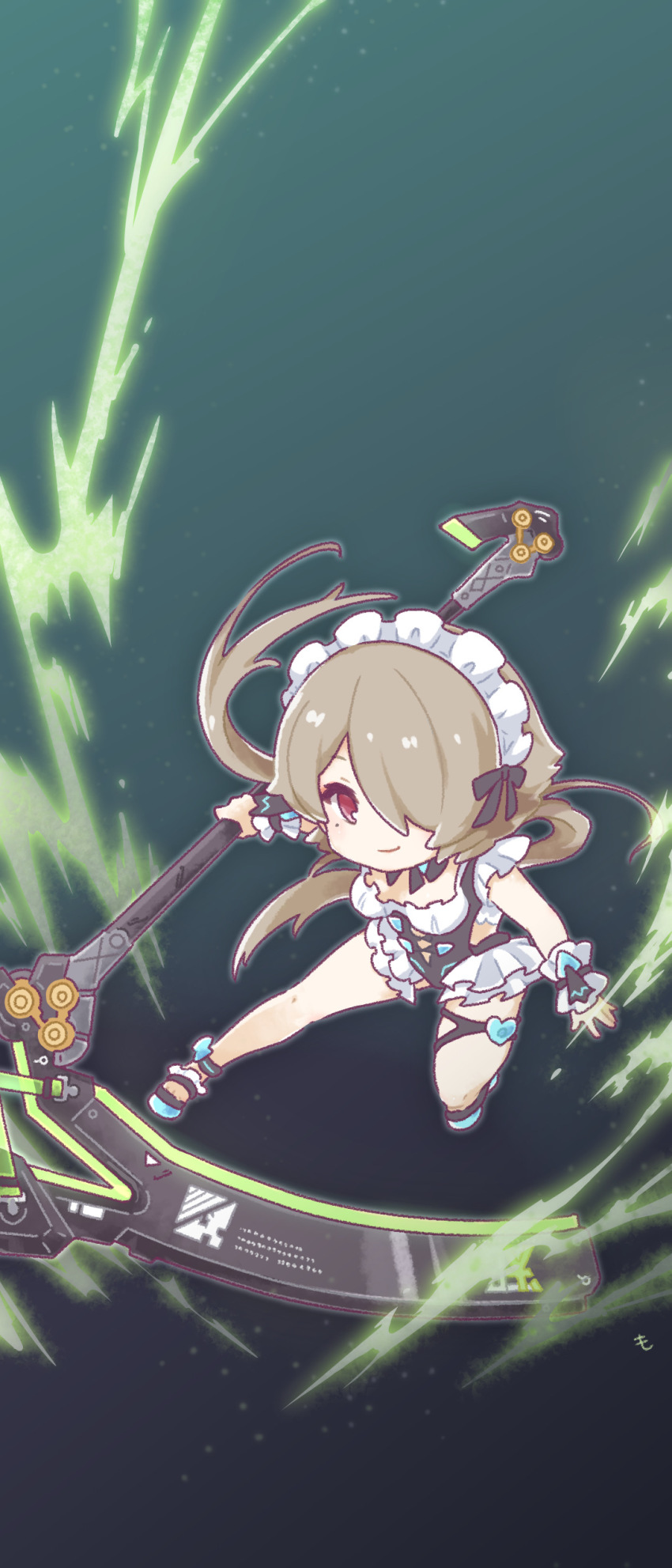 1girl, absurdres, brown_hair, chibi, closed_mouth, full_body, green_background, hair_over_one_eye, highres, holding, holding_scythe, holding_weapon, honkai_(series), honkai_impact_3rd, long_hair, looking_at_viewer, maid, maid_headdress, mole, mole_under_eye, mon_momu, one-piece_swimsuit, purple_eyes, rita_rossweisse, rita_rossweisse_(icy_sea_spray), rita_rossweisse_(phantom_iron), scythe, smile, solo, swimsuit, twintails, weapon