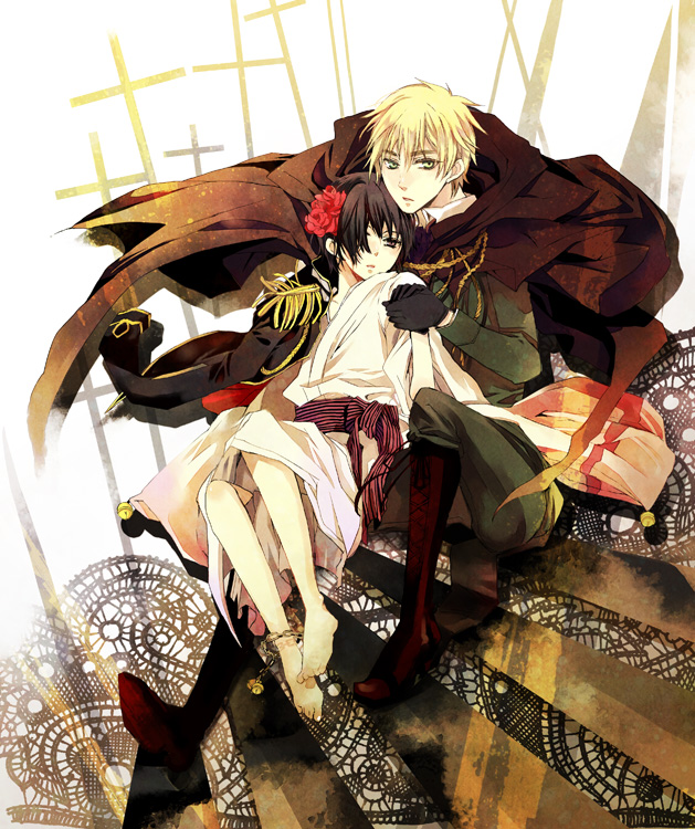 2boys, axis_powers_hetalia, bad_id, bad_pixiv_id, black_hair, blonde_hair, crossdressing, crossdressing_(mtf), flower, hair_flower, hair_ornament, japan_(hetalia), male_focus, multiple_boys, ruco, united_kingdom_(hetalia), yaoi