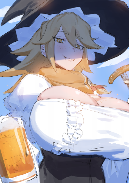 1girl, alcohol, beer, beer_mug, black_hat, blonde_hair, breasts, cleavage, closed_mouth, commentary_request, cookie_(touhou), cup, eating, food, fork, freckles, hat, holding, holding_fork, huge_breasts, juliet_sleeves, kebabu_01, kirisame_marisa, kohaku_(cookie), long_hair, long_sleeves, looking_at_viewer, mug, orange_scarf, pretzel, puffy_sleeves, scarf, solo, touhou, upper_body, witch_hat, yellow_eyes