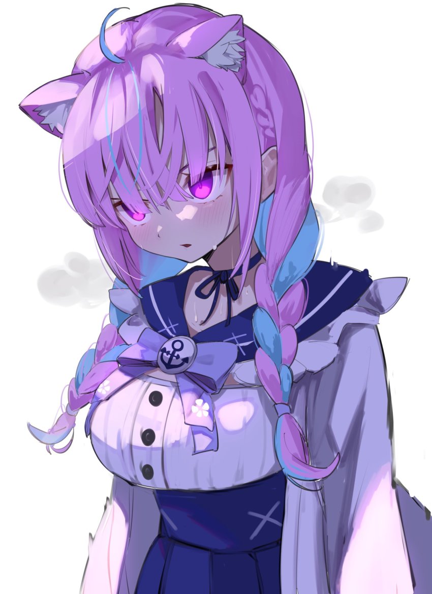 animal_ear_fluff, animal_ears, black_choker, blue_hair, blue_skirt, braid, breasts, cat_ears