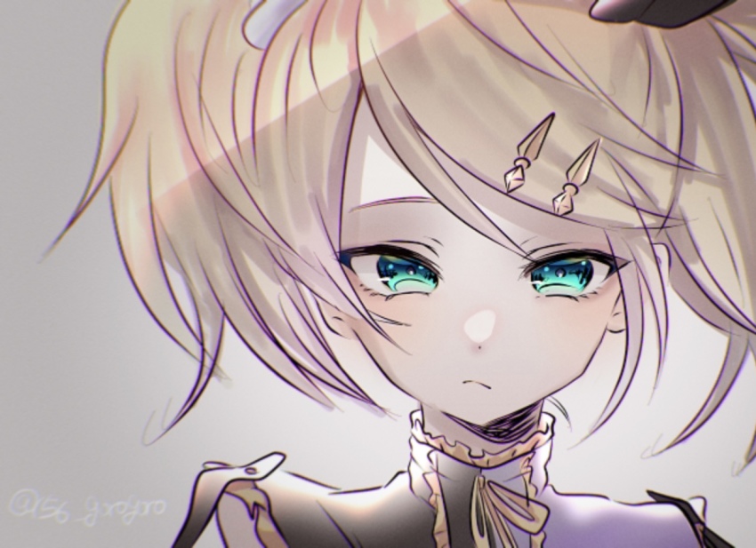 156_hitogoro, 1girl, :<, :/, aqua_eyes, blonde_hair, closed_mouth, collar, expressionless, frilled_collar, frills, grey_background, hair_ornament, hairclip, kagamine_rin, kagamine_rin_(reactor), muted_color, pale_skin, portrait, roshin_yuukai_(vocaloid), short_twintails, sketch, solo, swept_bangs, tsurime, twintails, twitter_username, vocaloid