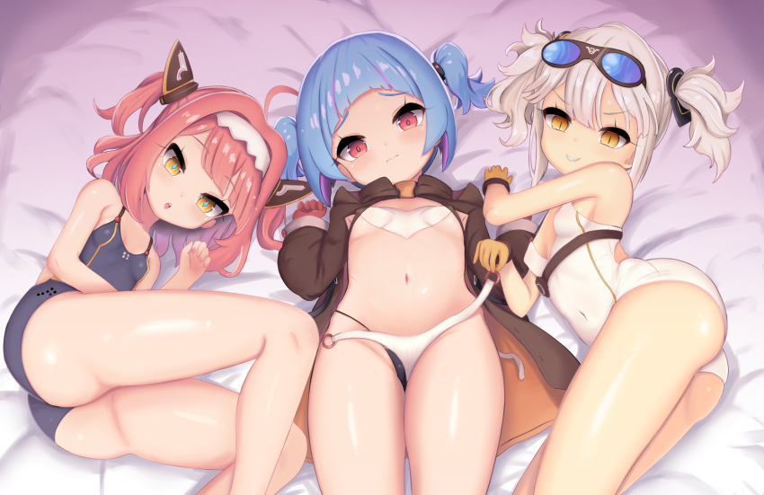 3girls, :o, ass, azur_lane, bad_id, bad_pixiv_id, bed, blue_hair, blunt_bangs, breasts, brown_jacket, diamond-shaped_pupils, diamond_(shape), frown, gloves, goggles, hair_intakes, hair_ornament, hairband, highres, jacket, loli, looking_at_viewer, medium_hair, multicolored_hair, multiple_girls, one-piece_swimsuit, pink_hair, red_eyes, short_twintails, silver_hair, slit_pupils, small_breasts, smile, swimsuit, symbol-shaped_pupils, thighs, twintails, two-tone_hair, u-556_(azur_lane), u-81_(azur_lane), u-96_(azur_lane), yellow_eyes, yukina_(fall)