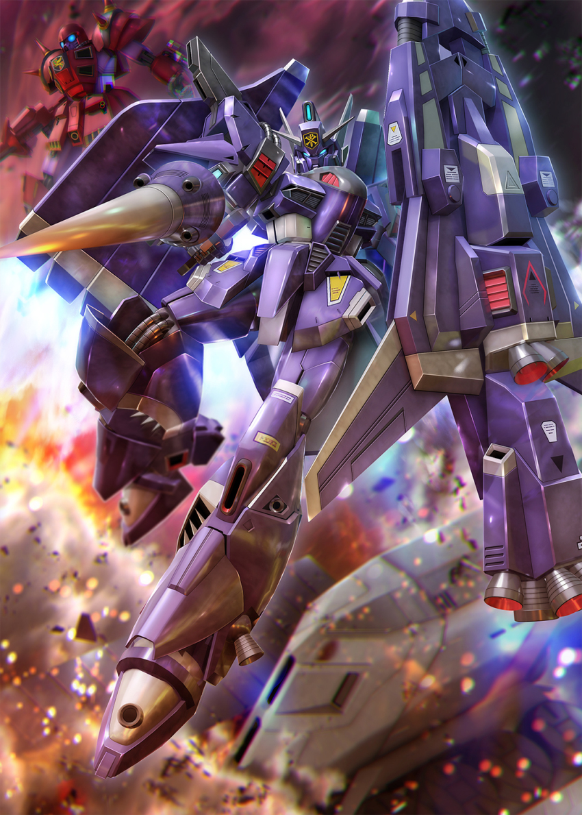 armor, commentary, den'an_zon, embers, gundam, gundam_f91, gundam_silhouette_formula_91, highres