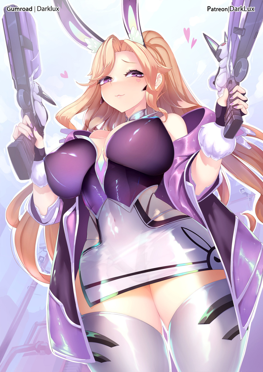 1girl, :3, animal_ears, artist_name, bare_shoulders, battle_bunny_miss_fortune, blonde_hair, breasts, closed_mouth, commentary, covered_erect_nipples, covered_navel, cowboy_shot, darklux, dress, dual_wielding, english_commentary, extra_ears, fake_animal_ears, forehead, gun, heart, highres, holding, impossible_clothes, large_breasts, league_of_legends, long_hair, looking_to_the_side, miss_fortune_(league_of_legends), nail_polish, official_alternate_costume, patreon_username, purple_eyes, purple_nails, see-through_clothes, shiny_clothes, solo, sparkle, thighhighs, tight_clothes, tight_dress, weapon