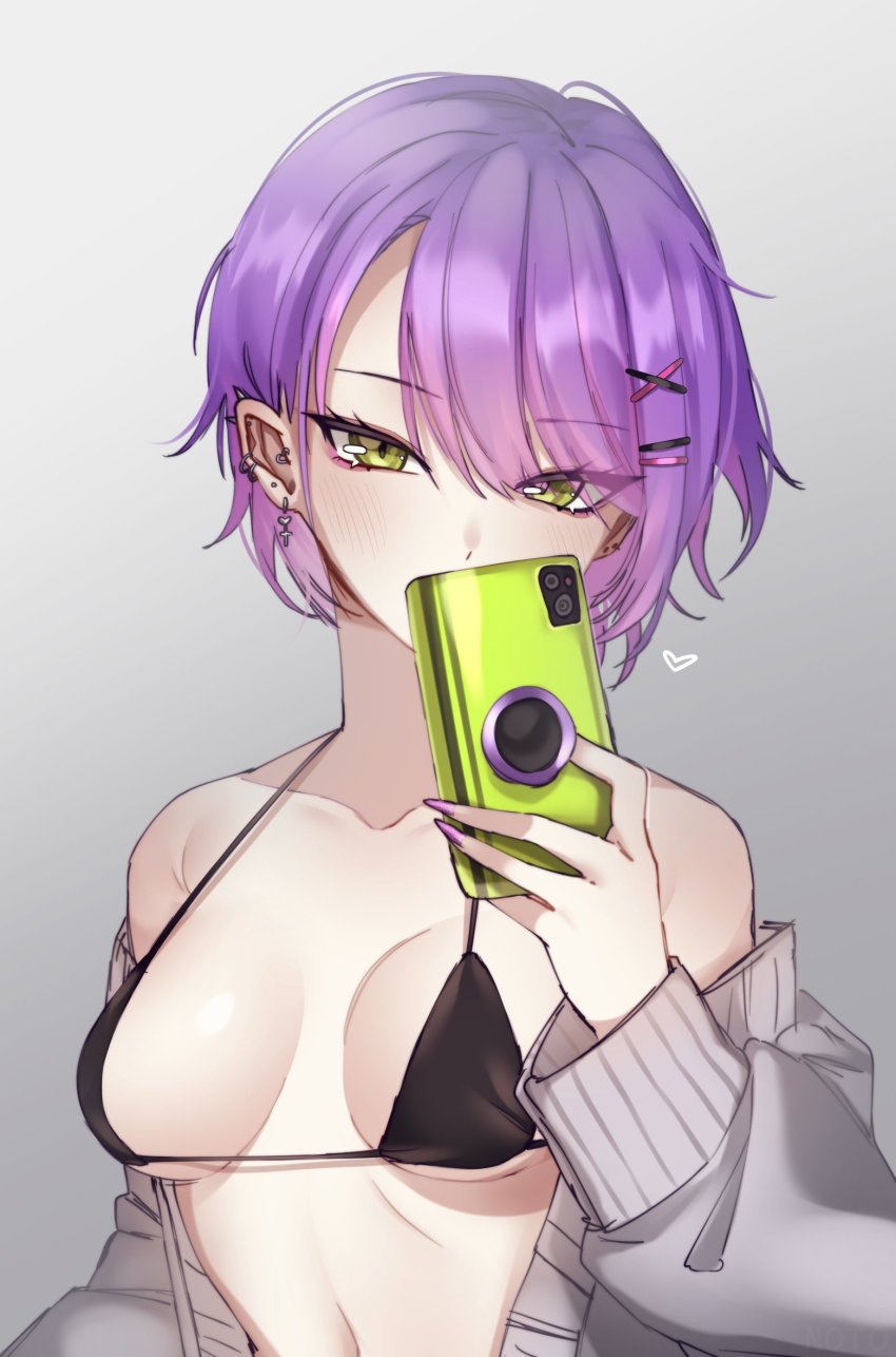 bare_shoulders, bikini, black_bikini, blush, breasts, cardigan, ear_piercing, eyes_visible_through_hair