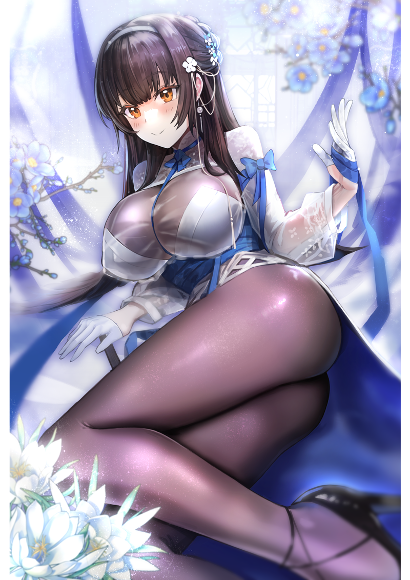 1girl, ass, bad_id, bad_pixiv_id, black_footwear, black_hair, breasts, brown_pantyhose